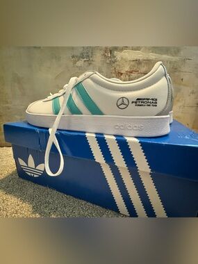 Adidas White Sneaker with Teal Stripes - F1 Mercedes Petronas Edition